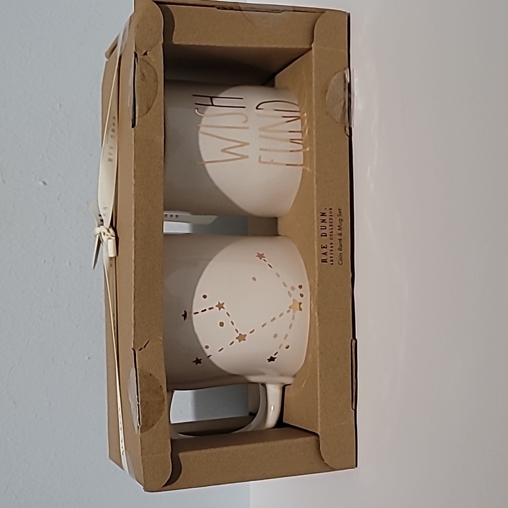 Rae Dunn ceramic mug and coin bank set. NIB